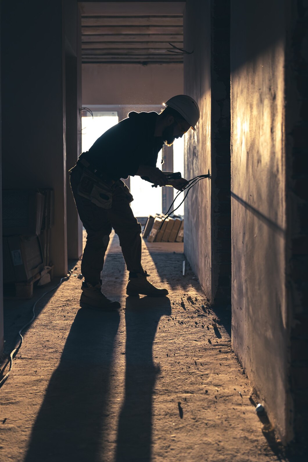 Travail d'électricien sur le chantier : Dénudage des fils devant une boîte d'appareillage Électricien en action dénudant les fils sur un chantier devant une boîte d'appareillage