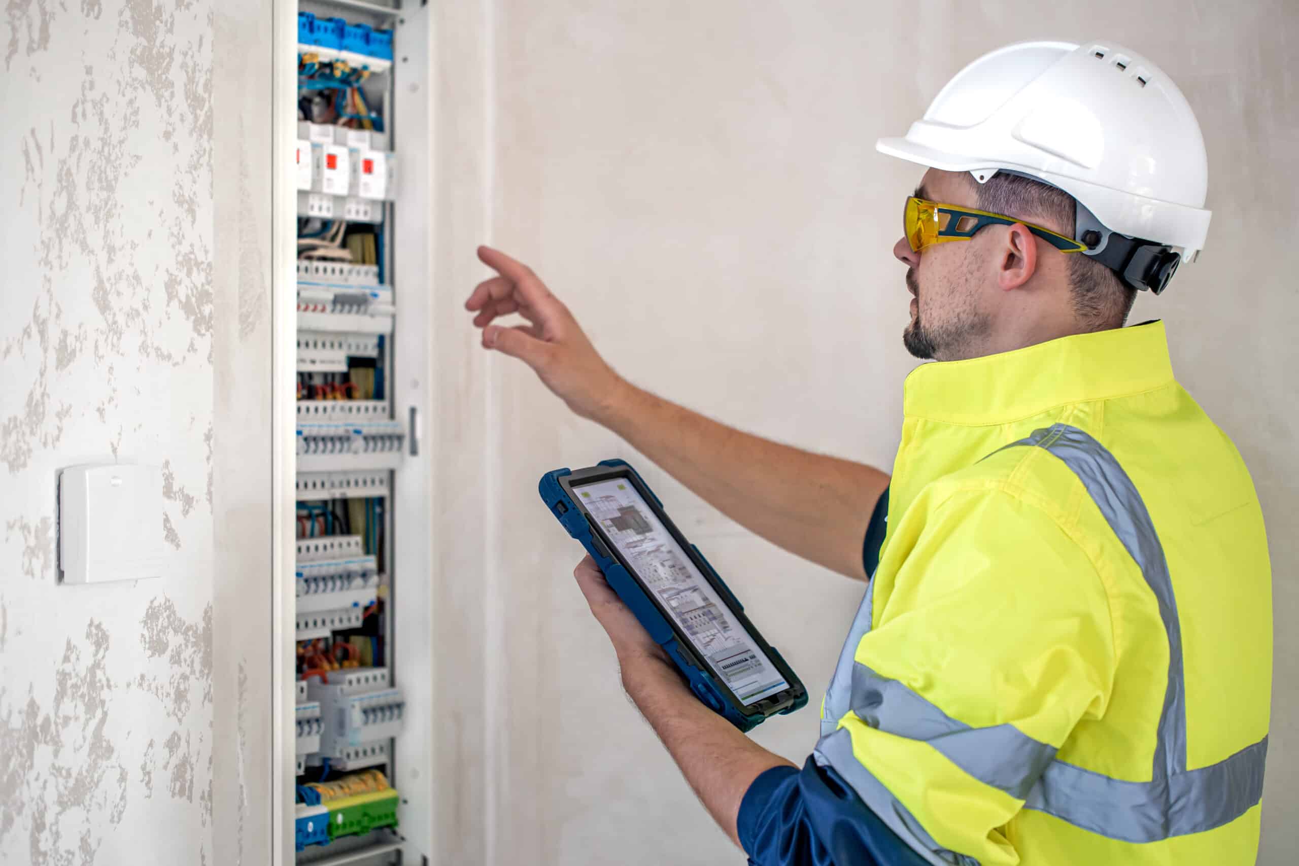 Électricien professionnel réglant un tableau électrique Électricien effectuant des réglages avec une tablette devant un tableau électrique